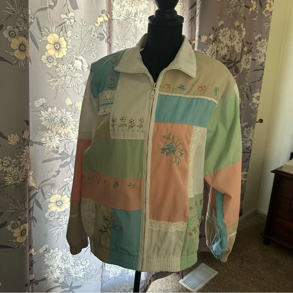 Koret Jacket Patchwork Pink Green Lace Trim